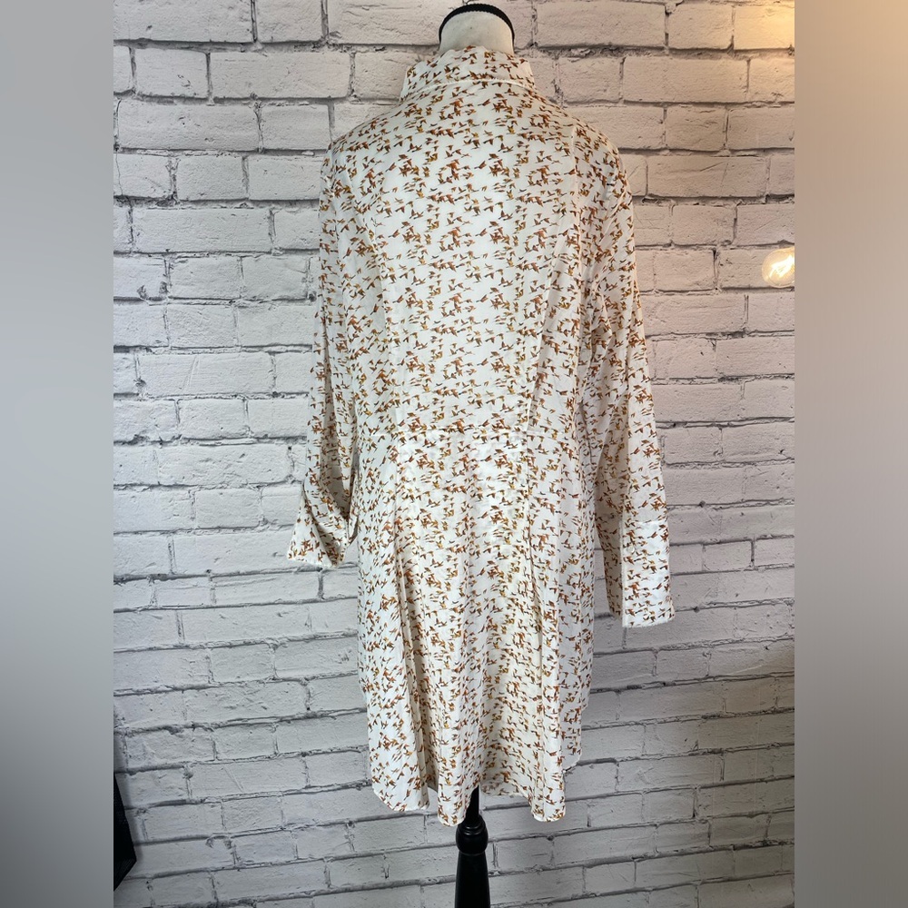 Akris Bohemian Bird Geometric Print Tunic Button Down Shirt Bell Sleeves Size 14 - Picture 11 of 16